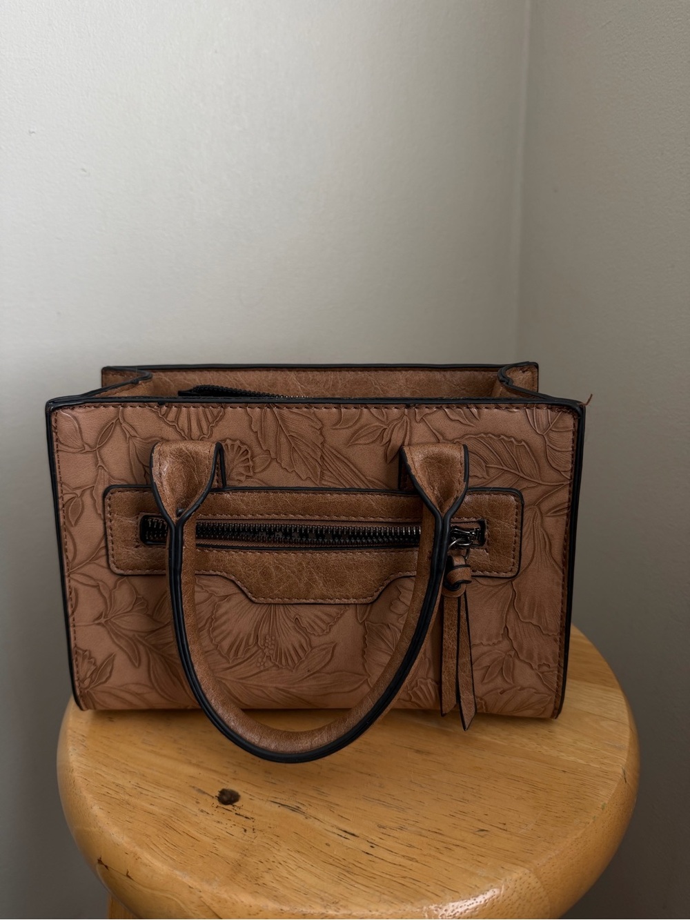 Brown Floral Embossed Satchel Crossbody Bag